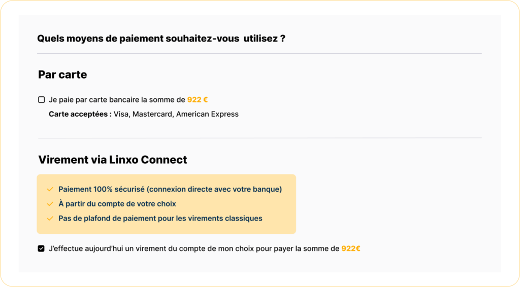 premier exemple de modèle de personnalisation checkout qui explique les avantages du virement via Linxo Connect